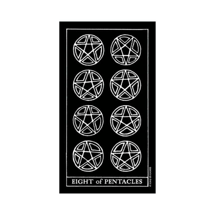 Inversion Taro kortos skardinėje dėžutėje Eight of Pentacles