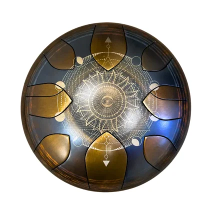 Liežuvėlių būgnas (tongue drum) 30cm su Saulės ir Mėnulio ciklų mandala